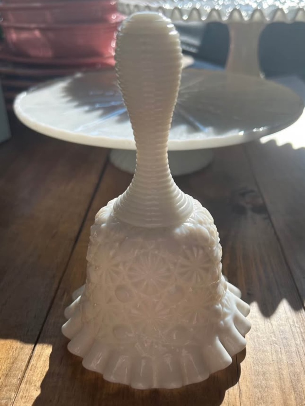 White Milk Glass Decorative Bell with Starburst Texture